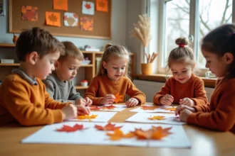 Enfants de maternelle réalisant des activités manuelles sur le thème de l'automne en classe