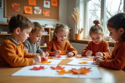 Enfants de maternelle réalisant des activités manuelles sur le thème de l'automne en classe
