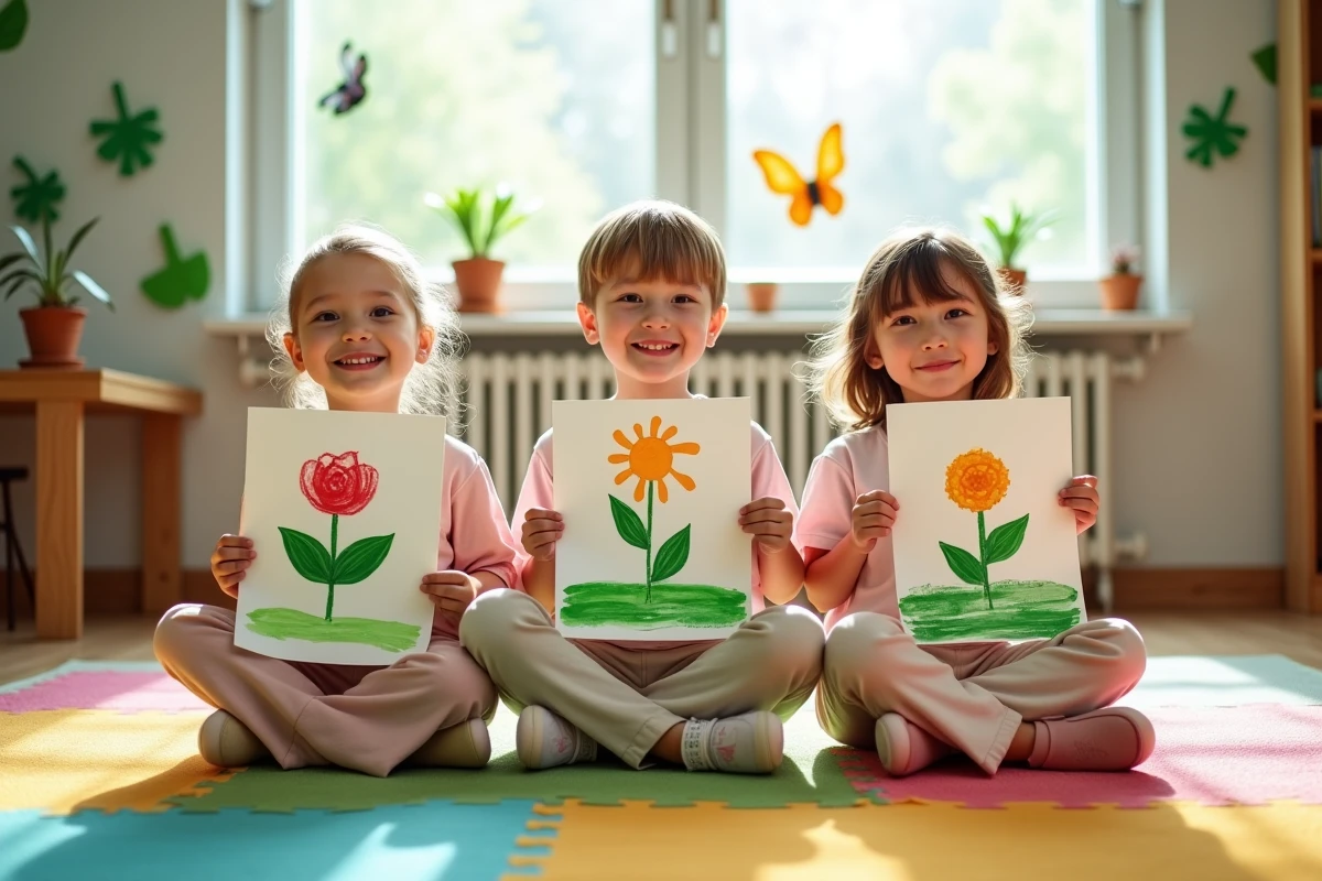 Trois enfants de maternelle présentant leurs créations artistiques sur le thème du printemps