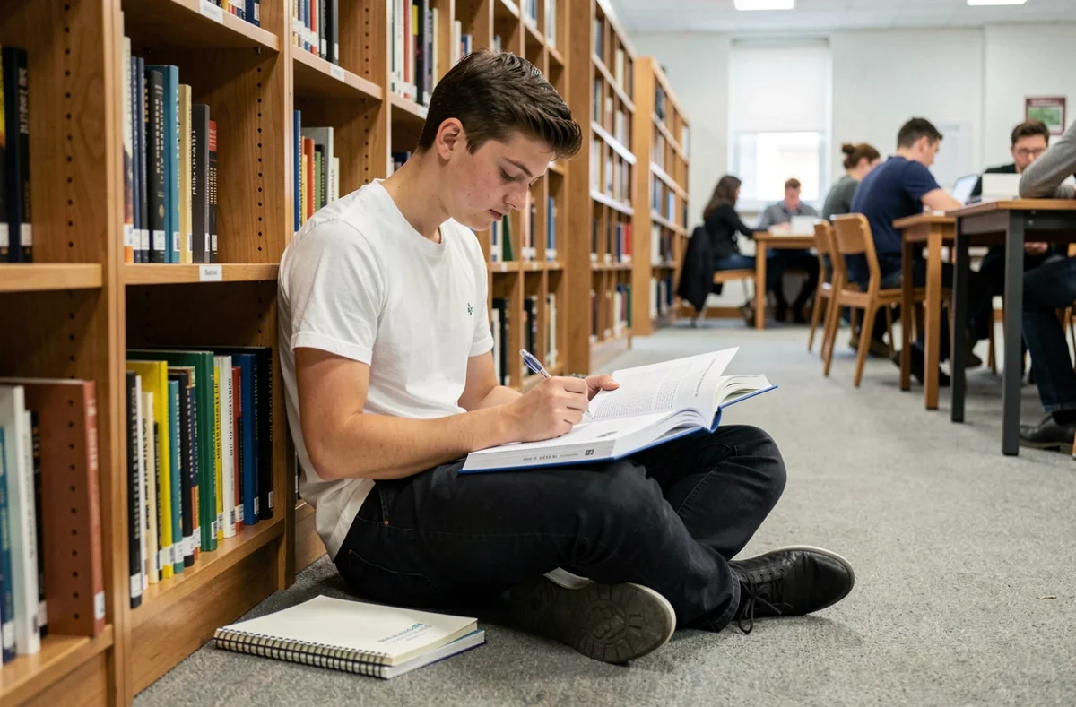 Adolescent étudiant les sujets de philosophie pour le bac dans une bibliothèque publique avec un guide de révision