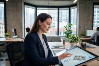 Agente immobilière utilisant une interface d'intelligence artificielle pour analyser des données de marché immobilier sur écran tactile en open space moderne