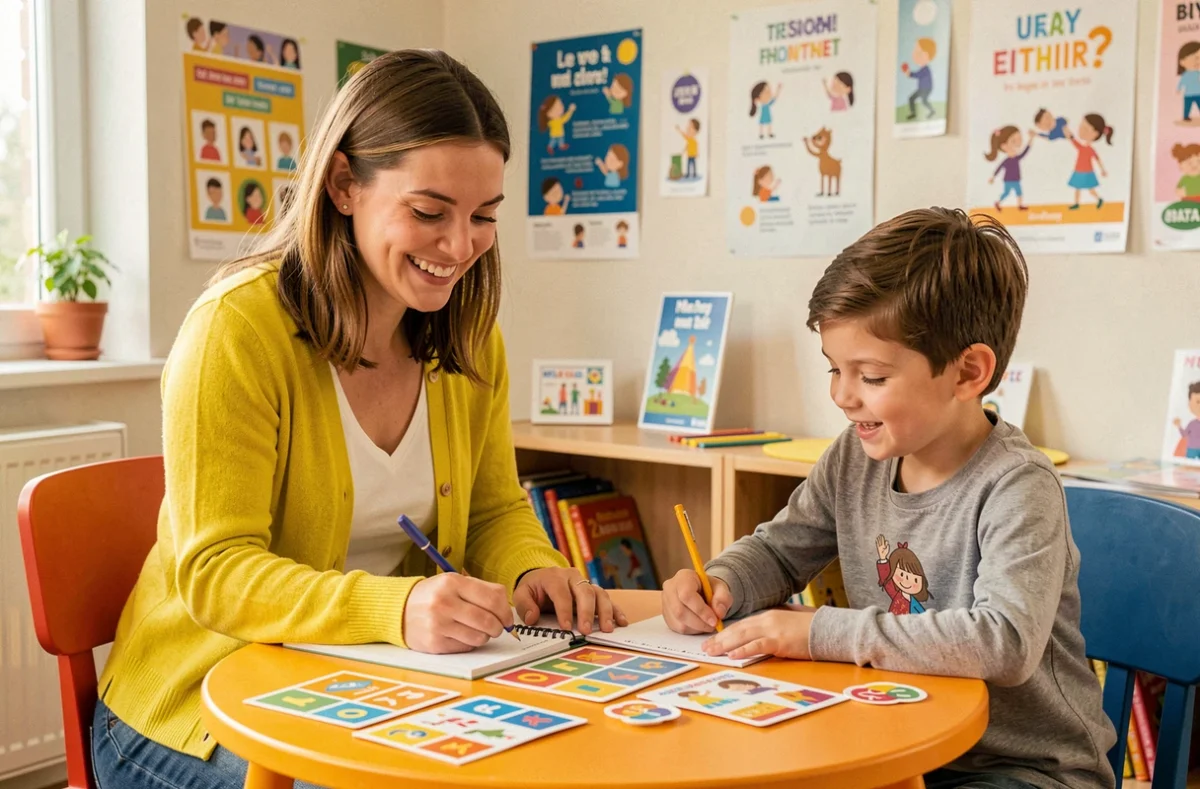 Une tutrice d'Aide au Top en Essonne encourage un jeune élève avec des fiches pédagogiques colorées
