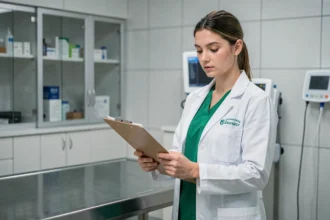 Jeune femme en alternance ASV portant une blouse dans une clinique vétérinaire moderne, tenant un clipboard lors d'une consultation