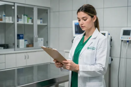 Jeune femme en alternance ASV portant une blouse dans une clinique vétérinaire moderne, tenant un clipboard lors d'une consultation