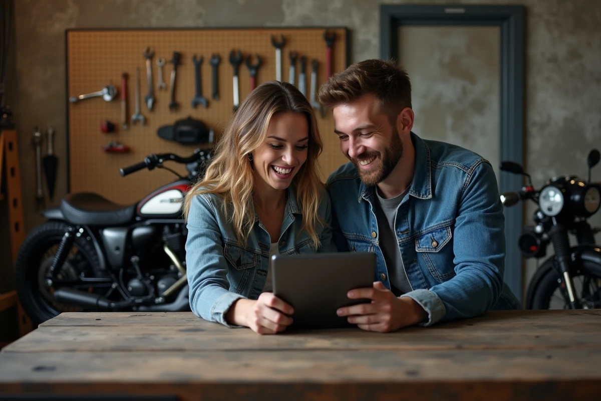 Deux amis consultant le code de la route moto gratuit sur tablette dans un atelier mécanique