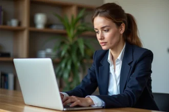 Femme analysant les tarifs d'un abonnement emailing sur un ordinateur portable dans un bureau moderne