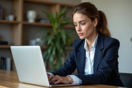 Femme analysant les tarifs d'un abonnement emailing sur un ordinateur portable dans un bureau moderne