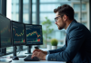 Analyste financier au bureau avec écrans de données et graphiques