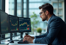 Analyste financier au bureau avec écrans de données et graphiques