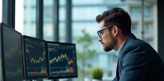 Analyste financier au bureau avec écrans de données et graphiques