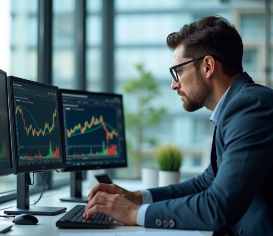 Analyste financier au bureau avec écrans de données et graphiques
