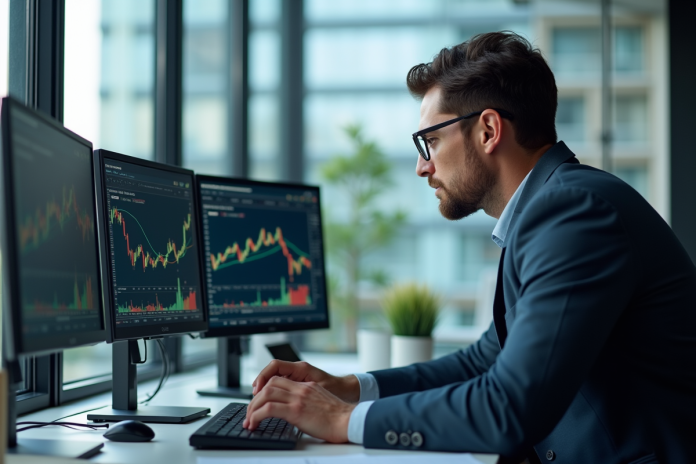 Analyste financier au bureau avec écrans de données et graphiques