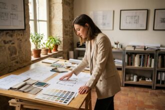 Jeune architecte d'intérieur travaillant sur des plans dans un studio créatif à Lyon avec des matériaux de décoration