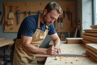 Artisan menuisier mesurant une planche en bois dans un atelier de formation menuiserie