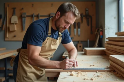 Artisan menuisier mesurant une planche en bois dans un atelier de formation menuiserie