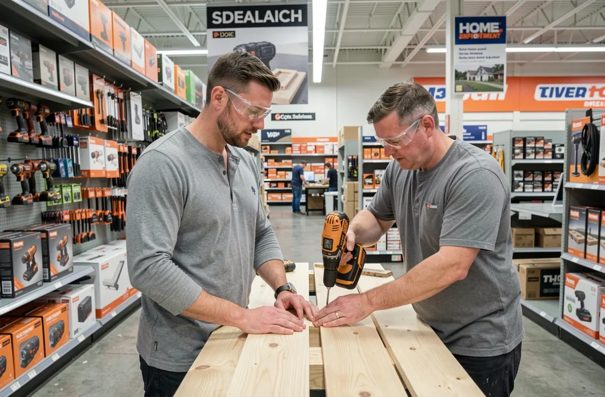 Homme participant à un atelier bricolage en magasin de bricolage avec un instructeur professionnel