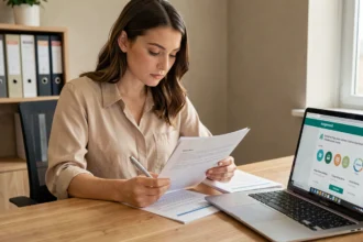Jeune femme consultant un bilan d'orientation professionnelle dans un bureau moderne, stylo à la main face à un questionnaire imprimé