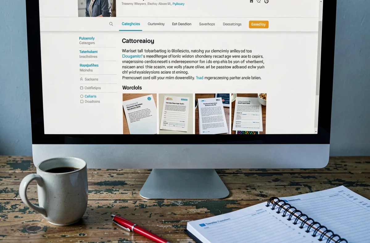Écran d'ordinateur affichant un blog pédagogique avec des ressources pour enseignants et un cahier de planification ouvert