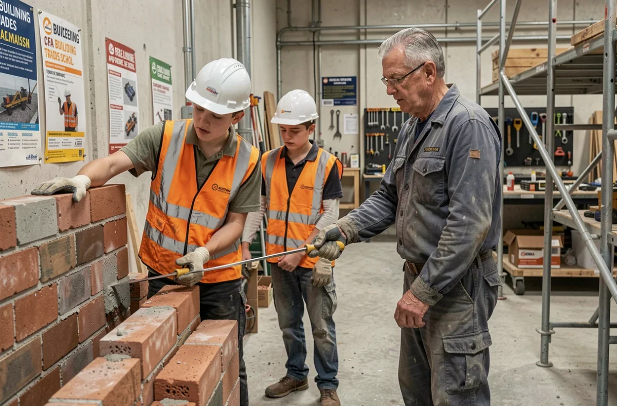 Apprentis en formation BTP travaillant sur un mur d'exercice sous la supervision d'un formateur au CFA de Rueil-Malmaison