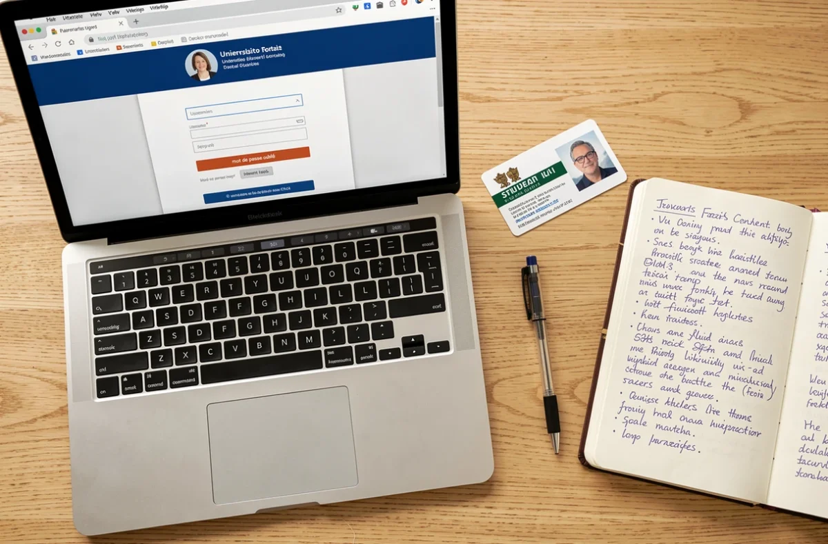 Vue de dessus d'un bureau étudiant avec ordinateur ouvert sur la page de connexion ENR Assas et identifiants oubliés