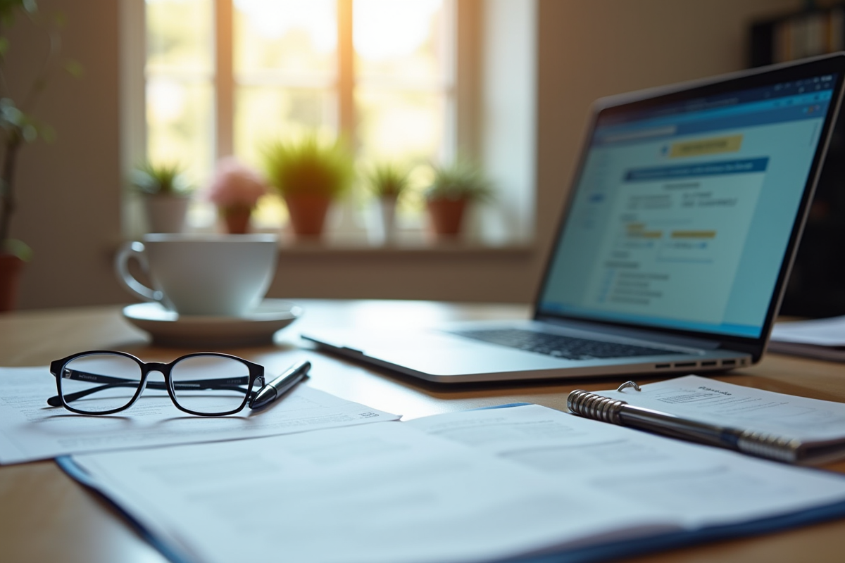 Espace de travail avec papiers ordinateur et tasse de cafe