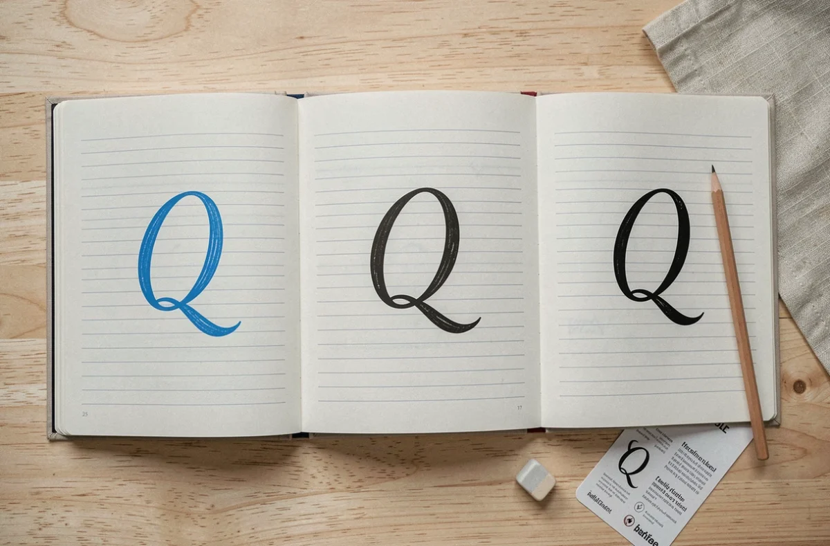 Vue aérienne de trois cahiers d'écriture comparant différents modèles de Q majuscule attaché en cursive