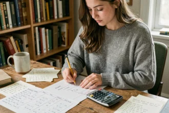 Étudiante calculant une moyenne pondérée avec coefficients sur du papier quadrillé et une calculatrice scientifique