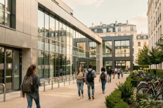 Vue d'ensemble d'un centre de formation moderne dans les Hauts-de-Seine avec des étudiants dans la cour