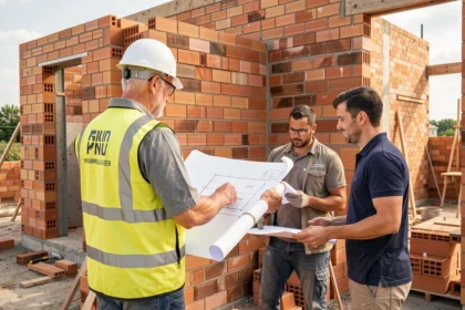 Chef d'équipe du bâtiment expliquant les plans à son équipe sur un chantier