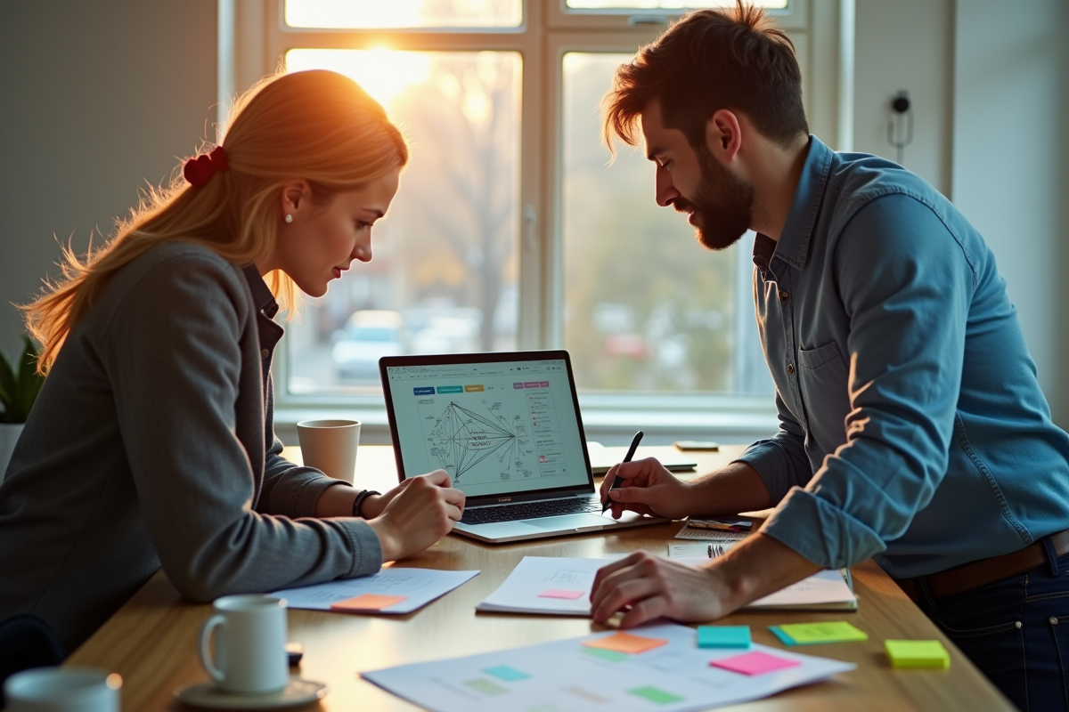 Deux collègues collaborant avec notes colorées et diagramme