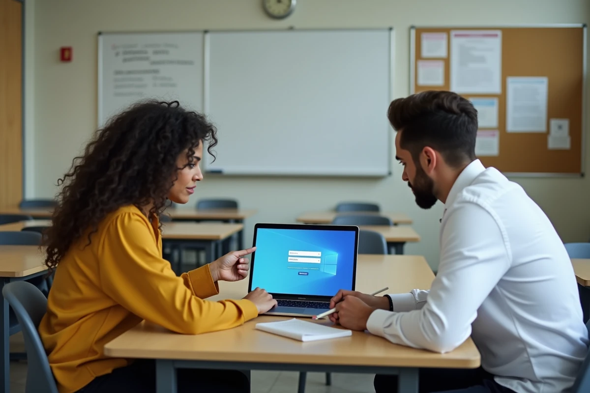 Deux enseignants consultant ensemble l'ENT AC Strasbourg dans une salle des professeurs pour synchroniser leurs outils numériques