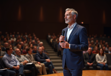 Principes de l’art oratoire : les 5 clés pour réussir un discours Homme confiant en costume navy parle en conférence