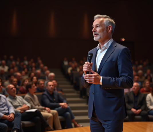Principes de l’art oratoire : les 5 clés pour réussir un discours Homme confiant en costume navy parle en conférence