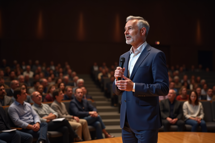 confident-homme-speech-conference Homme confiant en costume navy parle en conférence