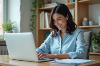 Femme connectée sur la plateforme ENT Auvergne depuis son bureau à domicile