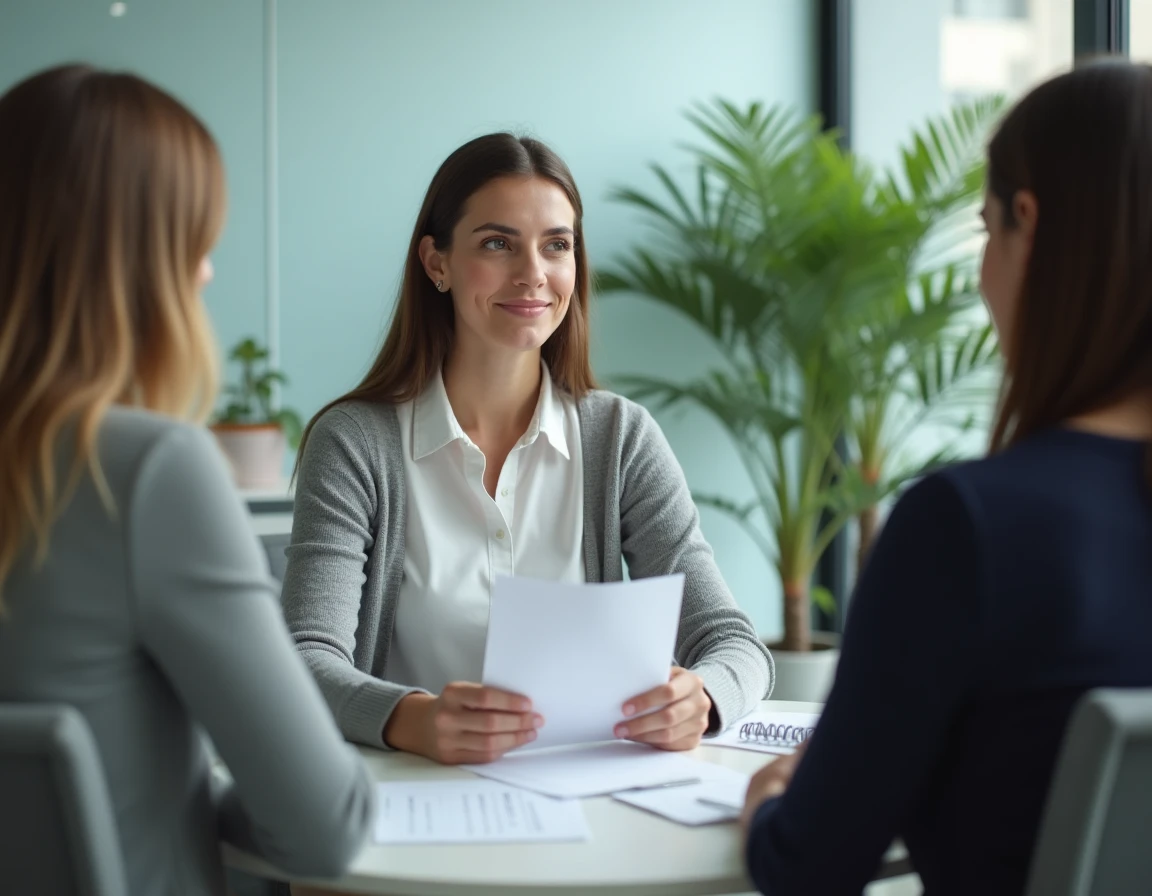 Femme discutant de sa lettre de motivation avec un conseiller en orientation pour une formation sanitaire