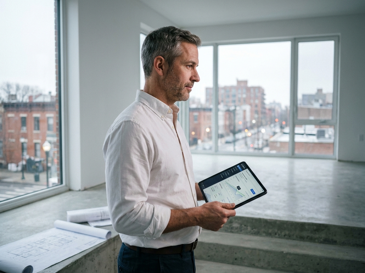 Consultant immobilier masculin tenant une tablette avec outil d'estimation IA dans un appartement neuf vide avec vue urbaine