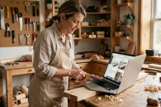 Femme en tablier suivant un cours de bricolage en ligne sur un ordinateur portable dans un atelier maison