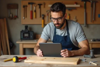 Homme adulte apprenant le bricolage en ligne sur tablette dans un atelier maison avec outils et établi en bois