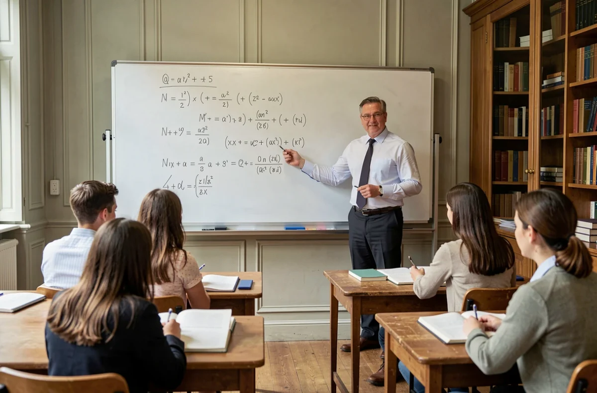 Un professeur de Cours Legendre en Essonne explique des équations algébriques à un groupe d'élèves attentifs