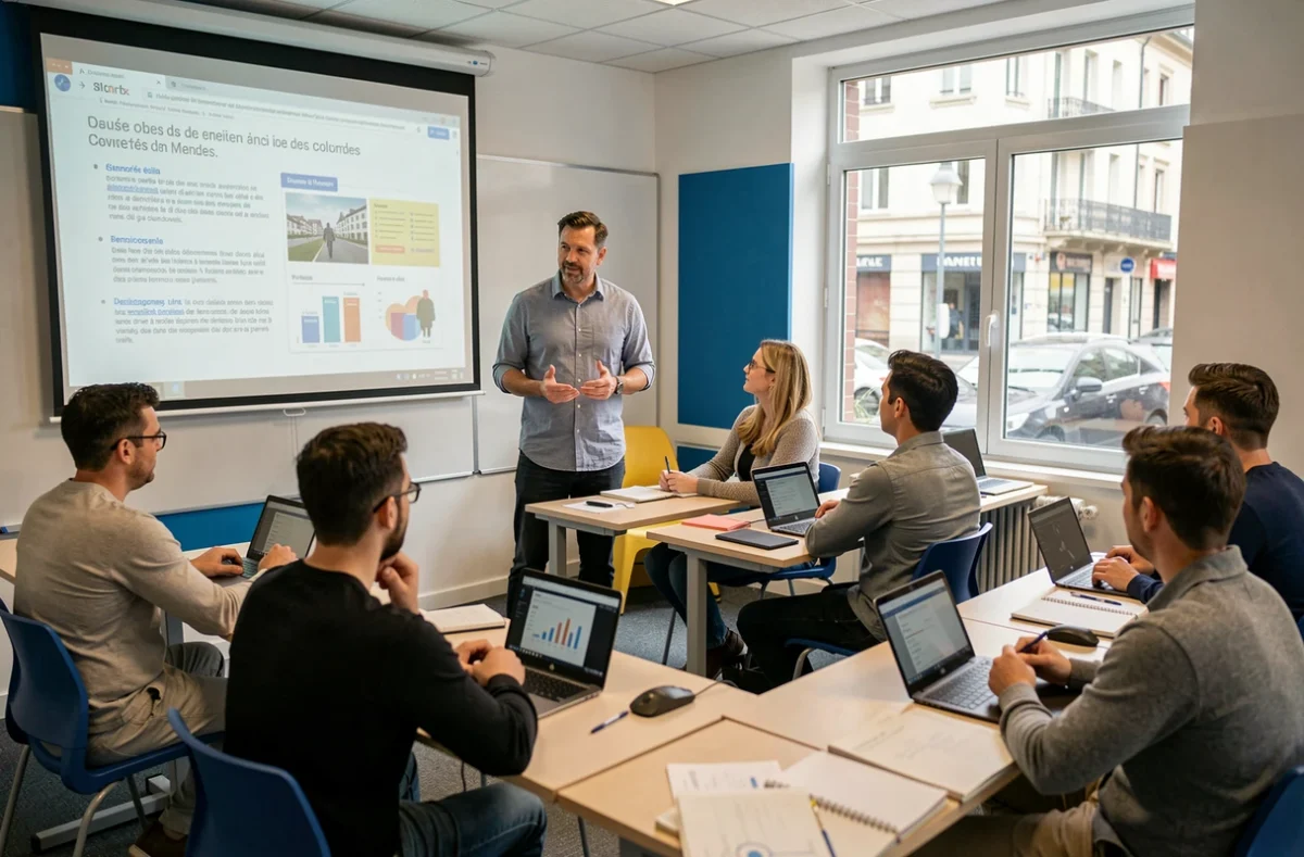 Cours de gestion d'entreprise au centre DCP Formation à Colombes avec formateur et étudiants adultes