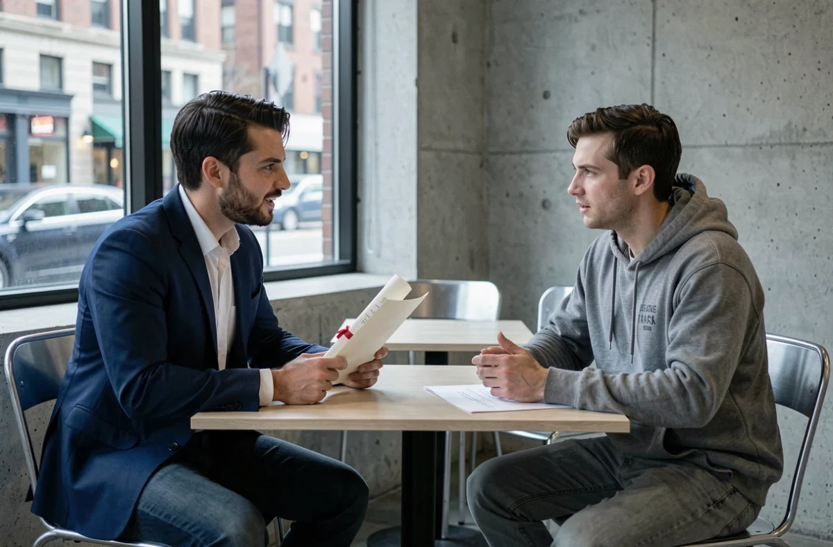 Deux jeunes hommes discutant études académiques versus lancement de startup dans un café urbain moderne, illustrant le débat entre formation longue et entrepreneuriat direct inspiré du cas Elon Musk