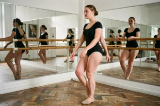 Débutante en cours de danse classique à Lille travaillant sa posture à la barre avec hésitation