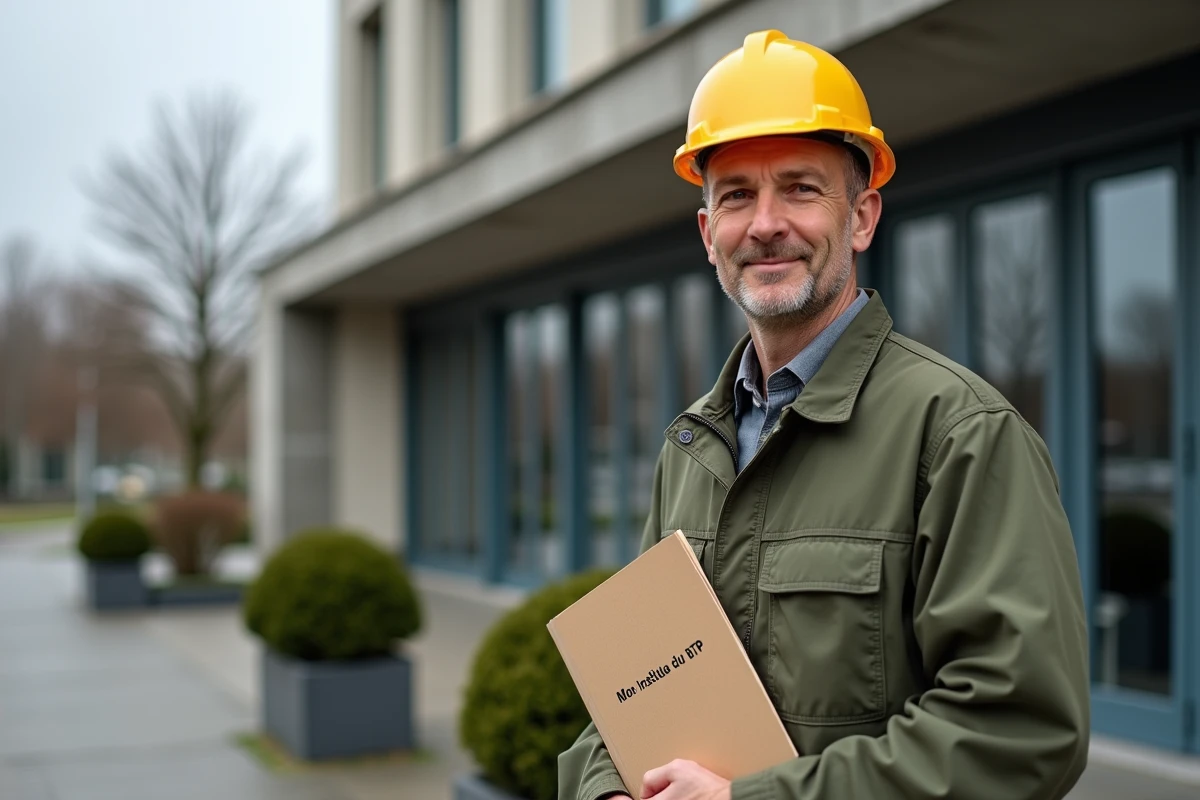 Homme demandeur d'emploi devant le centre de formation Mon Institut du BTP avec un dossier d'aide à la formation