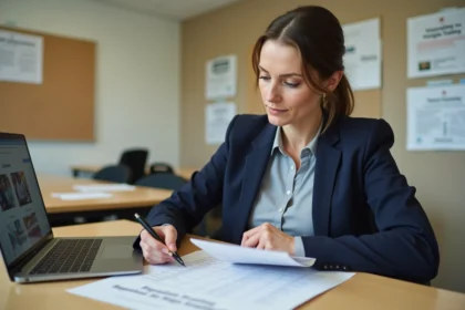 Femme demandeuse d'emploi remplissant un dossier d'inscription à une formation BTP dans une agence pour l'emploi