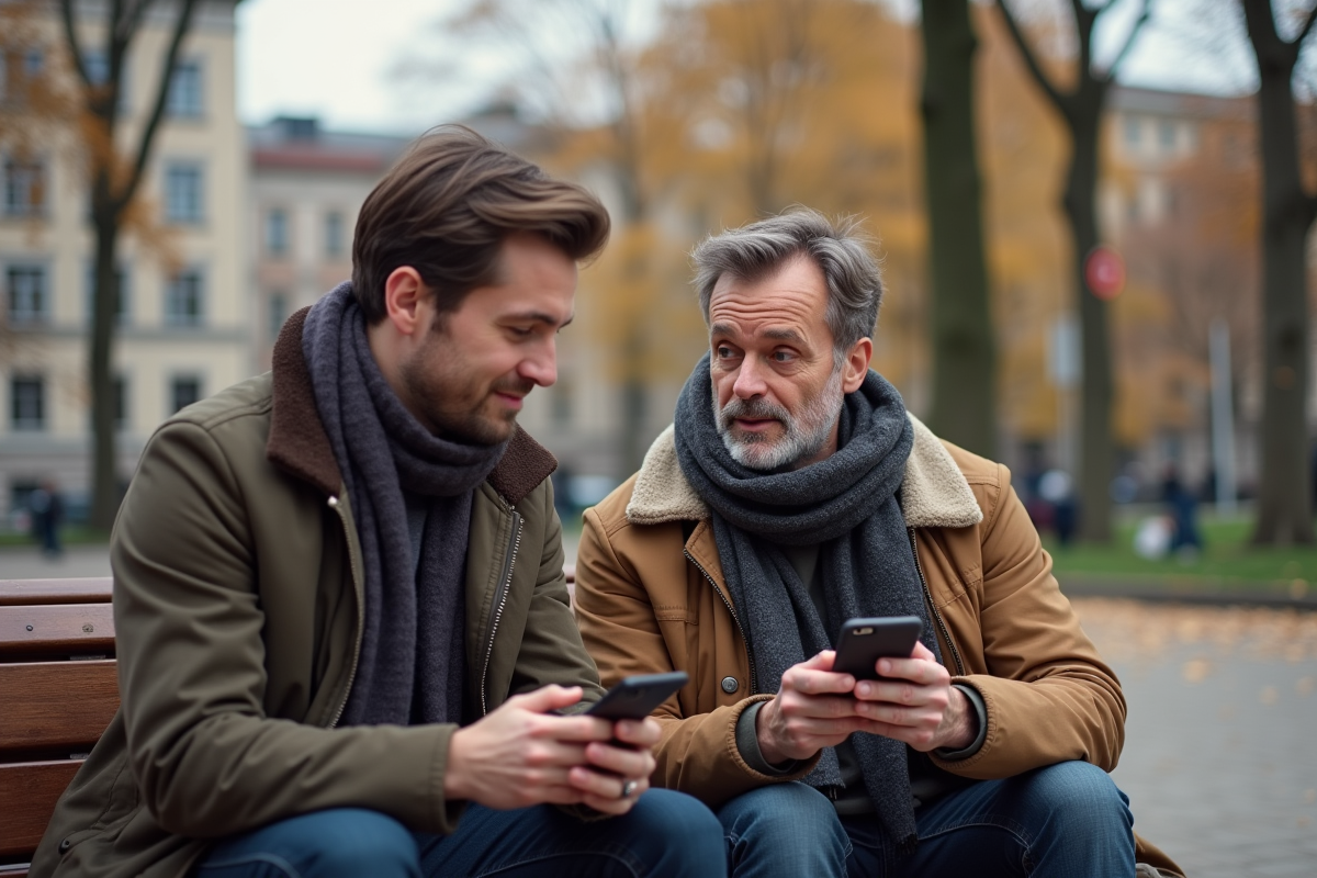 Deux hommes discutant d une application de langues dans un parc urbain