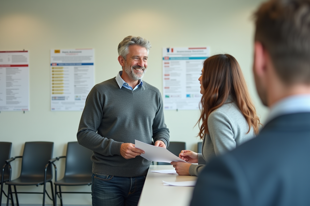Homme discutant de papiers avec un agent dans un bureau public