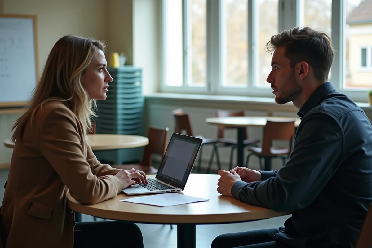 Deux enseignants échangeant sur les perspectives de carrière suite à la fin du Pacte enseignant, attablés dans une cafétéria scolaire