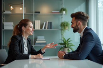 Femme et jeune homme discutent dans un bureau moderne
