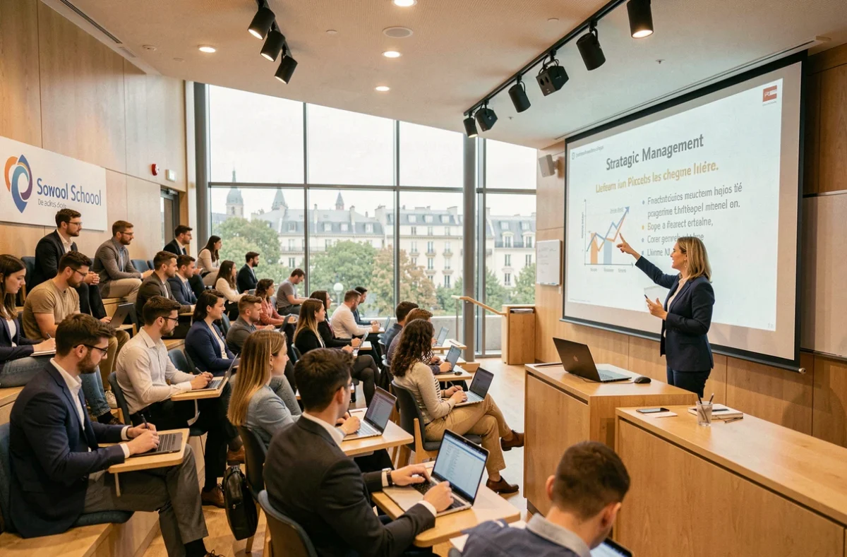 Professeure en école de commerce dispensant un cours de stratégie à l'amphithéâtre de l'EDC Paris Business School